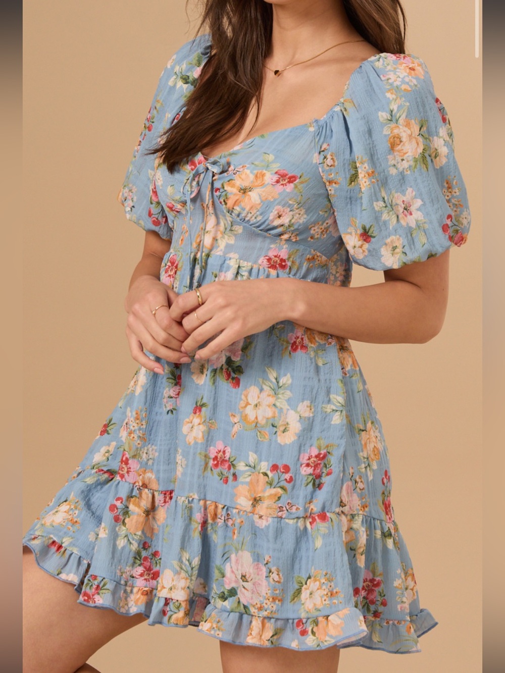 NWT Altar'd State Blue Floral Puff-Sleeve Mini Dress Fit & Flare Ruffle Small